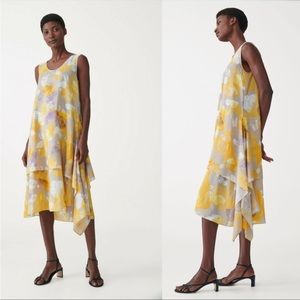 COS Layered Assymetrical Yellow Purple Floral 100% Silk  Dress , size 8